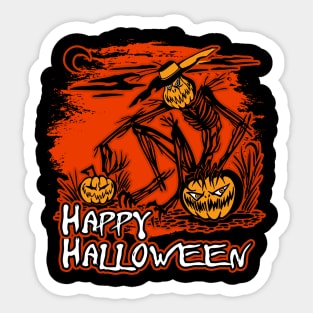 Happy Halloween Scarecrow And Pumpkins Sticker